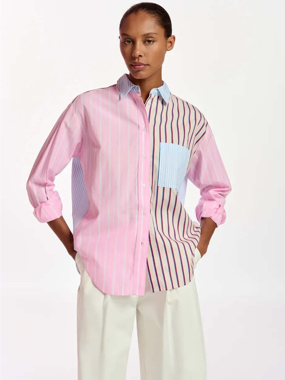 Essentiel Antwerp Striped Patchwork Button-Up Shirt size L - Picture 2 of 11
